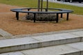 wire circular benches park furniture in winter. sintered gravel