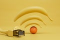 a wire connecting a computer to the Internet and a Wi-Fi icon consisting of bananas and an orange. 3D render