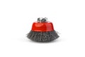 Wire cup brush crimped steel for angle grinder isolated on white background.