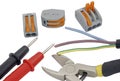 Wire cutters, terminal block, wire and probe for clamp meter Royalty Free Stock Photo