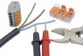 Wire cutters, terminal block, wire and probe for clamp meter Royalty Free Stock Photo