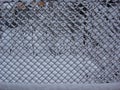 Close-up photo of RWire fence in the snow.  Metallic net with snow. Metal net in winter coomanian money, coins, 10 bani, and 1 ban Royalty Free Stock Photo