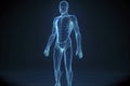 Wire frame human full body in virtual reality. Medical blue print scanned 3D model. Polygonal technology design