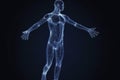 Wire frame human full body in virtual reality. Medical blue print scanned 3D model. Polygonal technology design