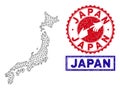 Polygonal Wire Frame Japan Map and Grunge Stamps