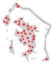 Wire Frame Polygonal Map of Bora-Bora with Red Coronavirus Elements