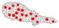 Wire Frame Polygonal Map of Pico Island with Red Covid Elements