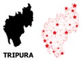 Wire Frame Polygonal Map of Tripura State with Red Stars