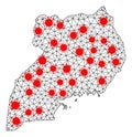 Wire Frame Polygonal Map of Uganda with Red Virus Centers