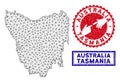 Polygonal Carcass Tasmania Island Map and Grunge Stamps