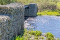 Wire gabion rock wall, part of a pedestrian bridge over a river with wild vegetation in the background Royalty Free Stock Photo