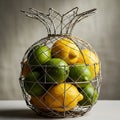 Wire mesh pineapple fruit basket filled with lemons and limes Royalty Free Stock Photo
