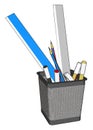 Wire pen cup with rulers and several pens and penciles vector illustration