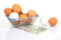 A wire shopping basket filled with white and brown eggs, placed beside rolled dollar bills and an egg, on a reflective white Royalty Free Stock Photo