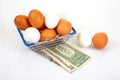 A wire shopping basket filled with white and brown eggs, placed beside rolled dollar bills and an egg, on a reflective white Royalty Free Stock Photo