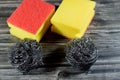 Wire sponge, steel wool, a bundle of very fine and flexible sharp edged steel or metal filaments and Combo Cellulose and abrasive