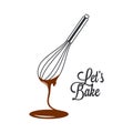 Wire whisk and chocolate for bakery cooking or cake on white background Royalty Free Stock Photo