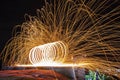 Wire wool. Steel wool spining firework . Funny fire and burning steel.