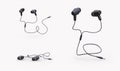 Wired black earphones in different positions. Small portable model of headphones