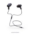 Wired black headphones, earphones. Realistic image. Personal acoustic gadget Royalty Free Stock Photo