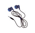 Wired corded earbuds. Small earphones, music gadget with tied cable. Ear buds, phones, audio accessory, sound device