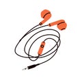 Wired earphones. Music earbuds with twisted cable. Corded ear phones, buds. Small audio accessory, stereo device, gadget