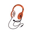 Wired headset with microphone. Corded headphones with mic. Earphones with mike, ear pads and cable. Audio sound