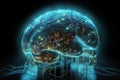 Wired human brain merged with circuitry, fusion of human and AI metaphor. Generative AI illustration