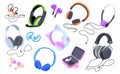 Wired wireless earphones. Cartoon headphone and earbuds for listening music gadgets, big earphone with microphone or