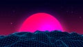 Wireframe background landscape. 1980s retro wave style. Sci-Fi futuristic vector illustration of sunrise or sunset.