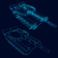 Wireframe of a battle tank of blue lines on a dark background. View isometric. Vector illustration Royalty Free Stock Photo