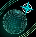 Wireframe blue and green globe on dark background, cardinal directions symbole