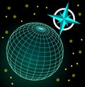 Wireframe blue and green globe on dark sky with stars, cardinal directions symbole