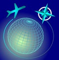 Wireframe blue and green glowing globe on dark blue sky, cardinal directions symbole, transport airplane on airline