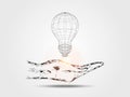 Wireframe bulb on hand represents thinking of new idea. Concept of technology and innovation. Royalty Free Stock Photo