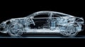 Wireframe car model made of light lines. Concept of transparent vehicle design Royalty Free Stock Photo
