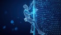 Sport climbing representation using a blue wireframe model on a digital background highlighting the activity and Royalty Free Stock Photo