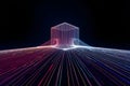Wireframe Cube Funneling Neon Data Streams in Digital Void Royalty Free Stock Photo