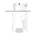 Wireframe of a decorative vintage sewing machine made of black lines on a white background. Manual sewing machine with