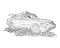 Wireframe of destroyed car in a pile of rubbish from black lines isolated on white background. 3D. Vector illustration