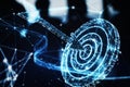 Wireframe digital arrow hit in the center a bullseye on dark blue background. 3D Rendering Royalty Free Stock Photo