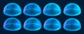 Wireframe dome shields. Secure protection field, digital holographic domes and glowing 3D hemisphere grids. Bubble cover