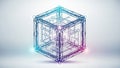 Wireframe Geometric Cube Structure with Glowing Nodes and Lines on Gradient Background network Royalty Free Stock Photo