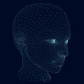 Wireframe of the girl head from blue lines on a dark background. 3D. Vector illustration