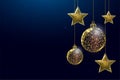 Wireframe gold stars and balls, low poly style. Banner for the concept of Christmas or New Year with a place for an Royalty Free Stock Photo