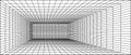 Wireframe grid room. 3d perspective background. Futuristic digital outline space. Black and white geometric design