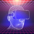 Wireframe Head With VR Headset in Cyberspace With Laser Grids. Retro Futuristic Template in 80s Style