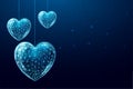 Wireframe hearts in low poly style. Happy Valentine's day banner. Abstract modern 3d vector illustration on dark blue