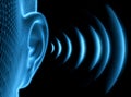 Wireframe human ear with sound waves - 3D illustration Royalty Free Stock Photo