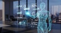 Wireframe Human Interacting with Futuristic Smart Office Holographic Data Display Royalty Free Stock Photo